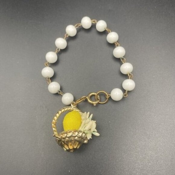 Vtg Glass Bead Charm Bracelet Basket Lemon Flower Novelty Italian or Japan 1950s - Picture 1 of 12